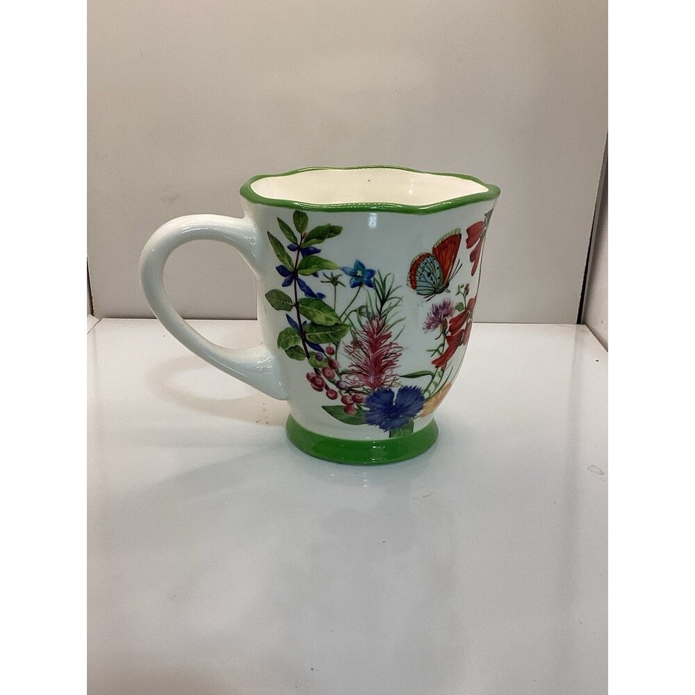 Cracker Barrel Wildflower Butterfly Pedestal Coffee Mug Scalloped Rim